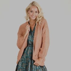NWT Esqualo Soft & Cozy Open Front Cardigan Sweater Camel Peach Pink Metallic SM